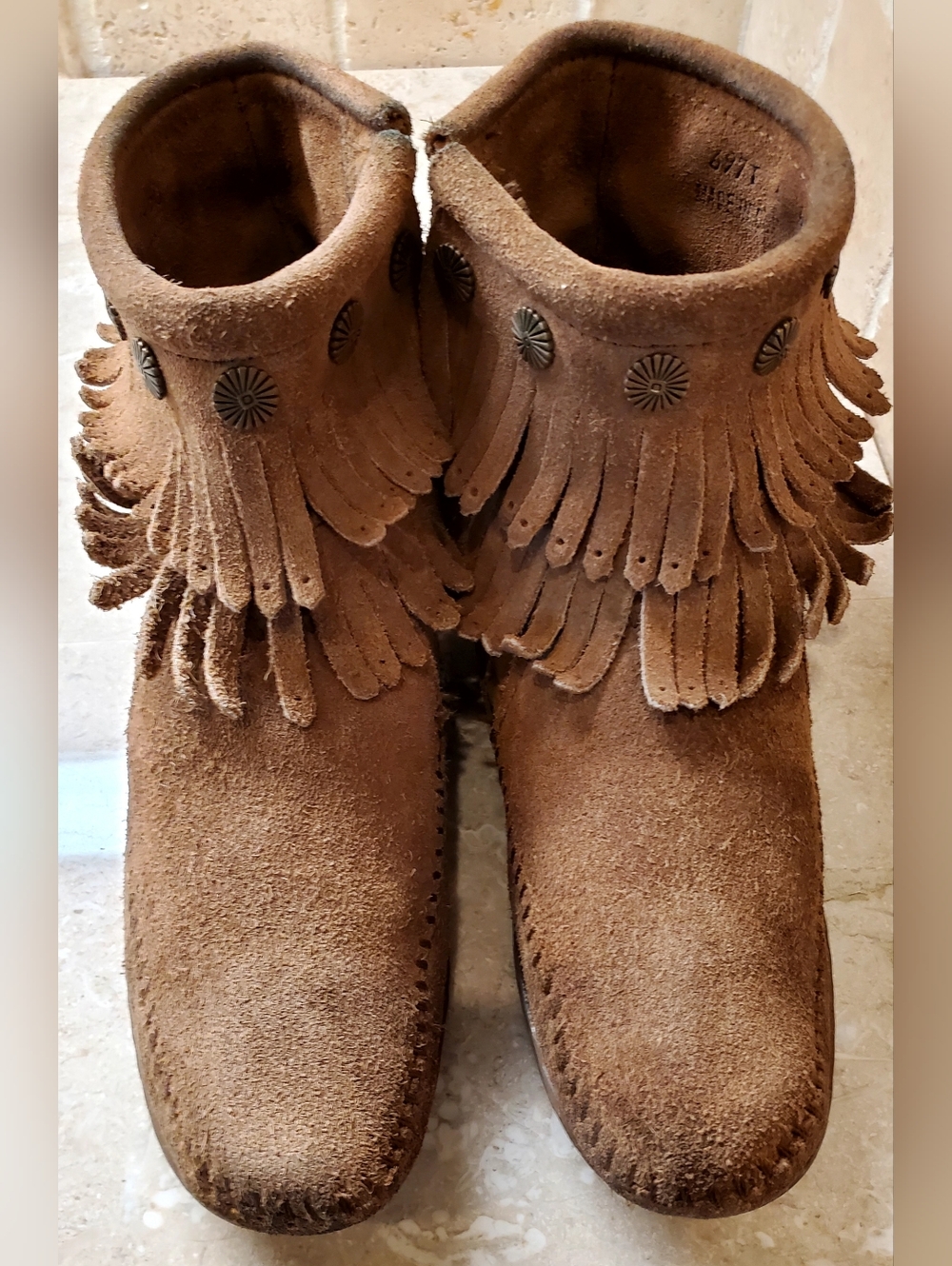 Minnetonka Brown Suede Double Fringe Ankle Booties Size 6